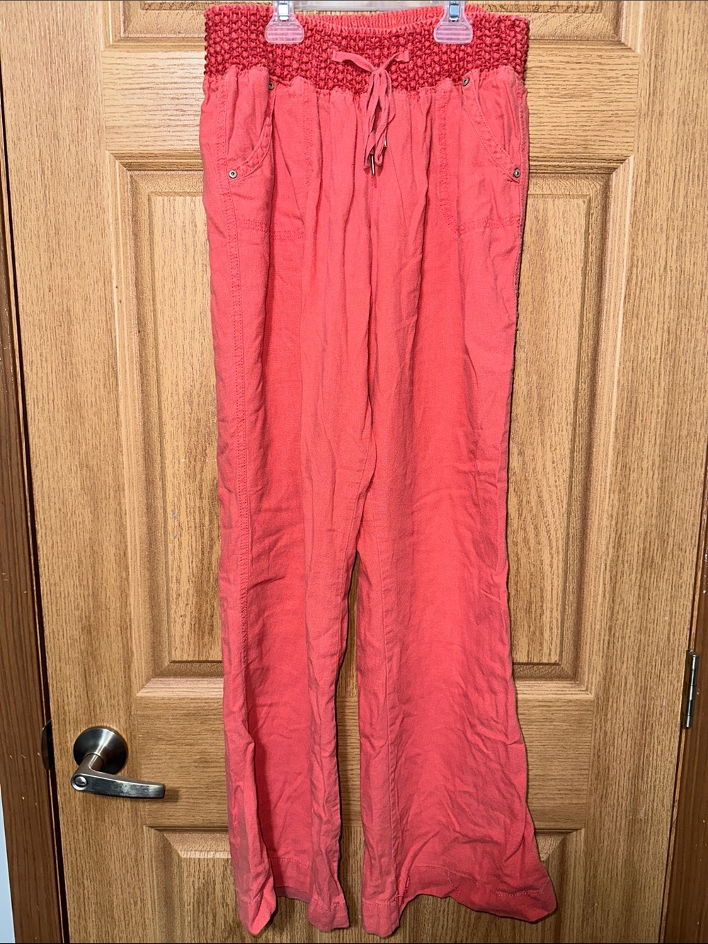 Rewash Coral Pink Smocked-Waist Wide Leg Pants